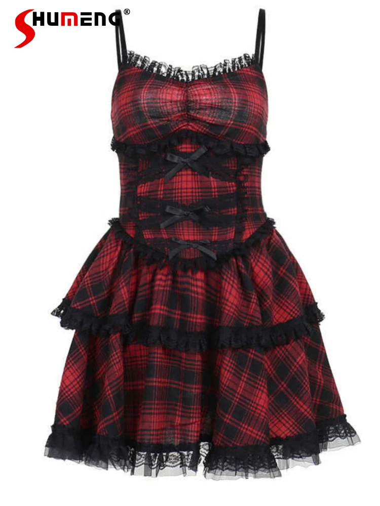 

Gothic Punk Hot Girl Black Red Plaid Bow Lace Stitching Layered Sleeveless High Waist Slim Strap Short Cake Dress Women Summer
