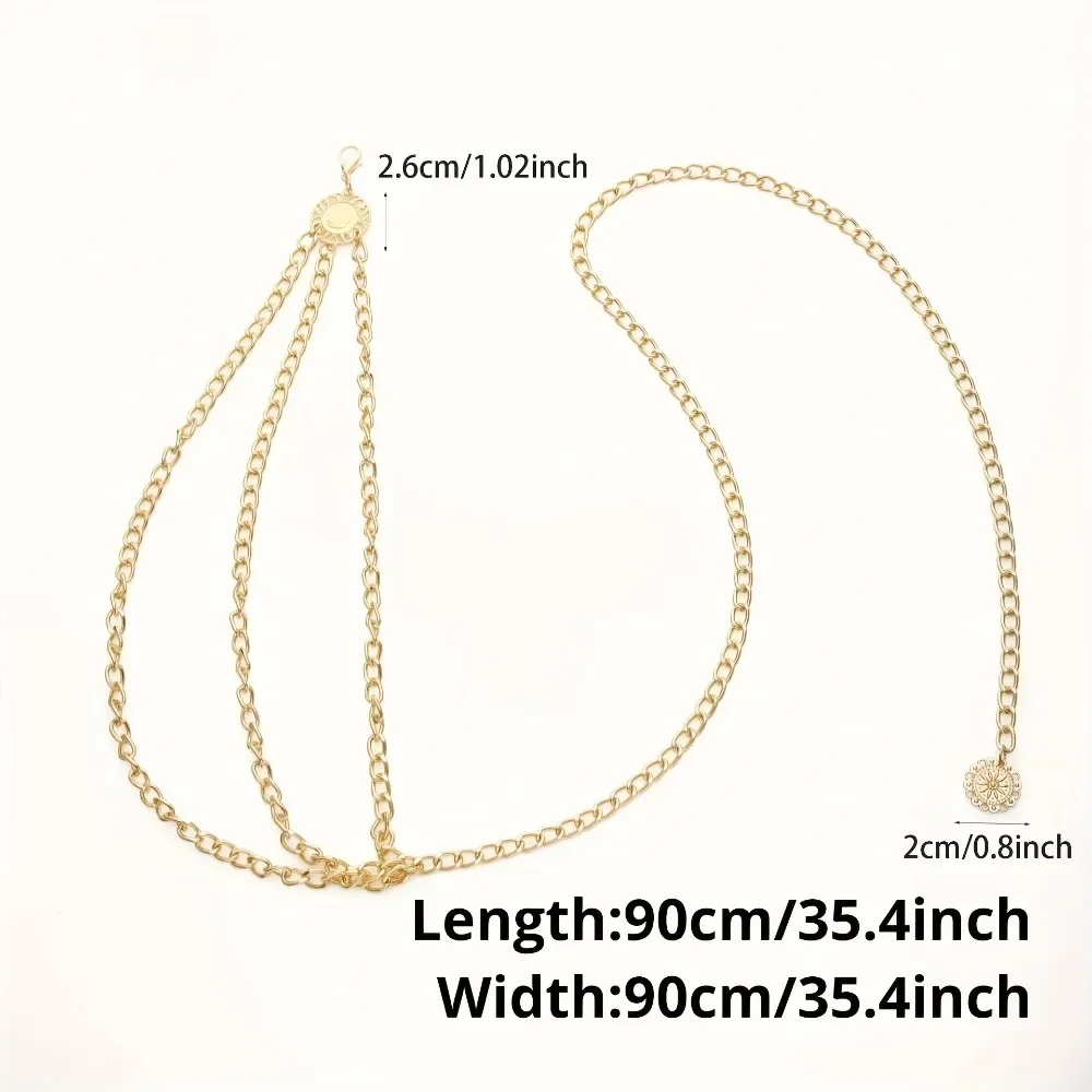 Golden Three Layer Waist Chain Geometric Hollow Flower Pendant Belly Chain Jeans Dress Travel Beach Chain for Women