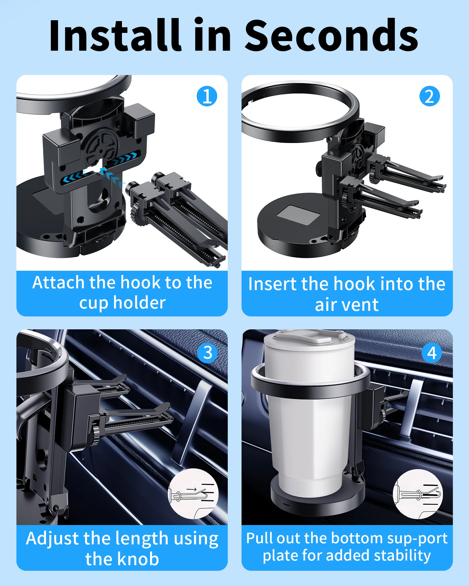 이어리 유니버설 자동차 에어벤트 컵홀더 탈부착 가능 후크 접이식 수납 공간 3.15인치 이내 컵용 차량 내부 음료 거치대