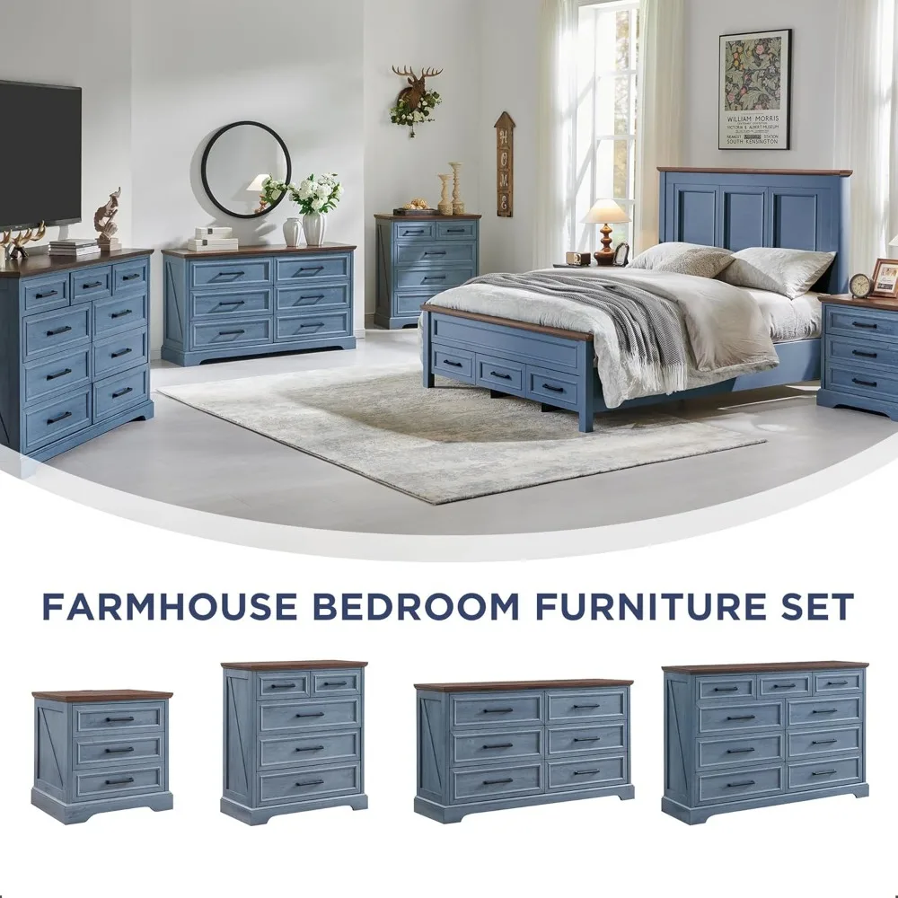 Farmhouse Nightstand with Charging Station, 24 Inch Wide End Table with 3 Large Drawers & Bar Handles, Rustic Wood Small Dresser 3