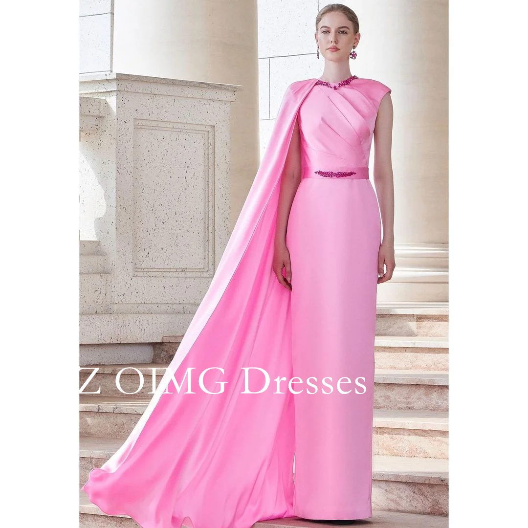 

OIMG Gorgeous Fashion High Neck Pink Prom Dresses One Sleeves Sheath Beading Satin Vintage Evening Gowns Formal Party Dress