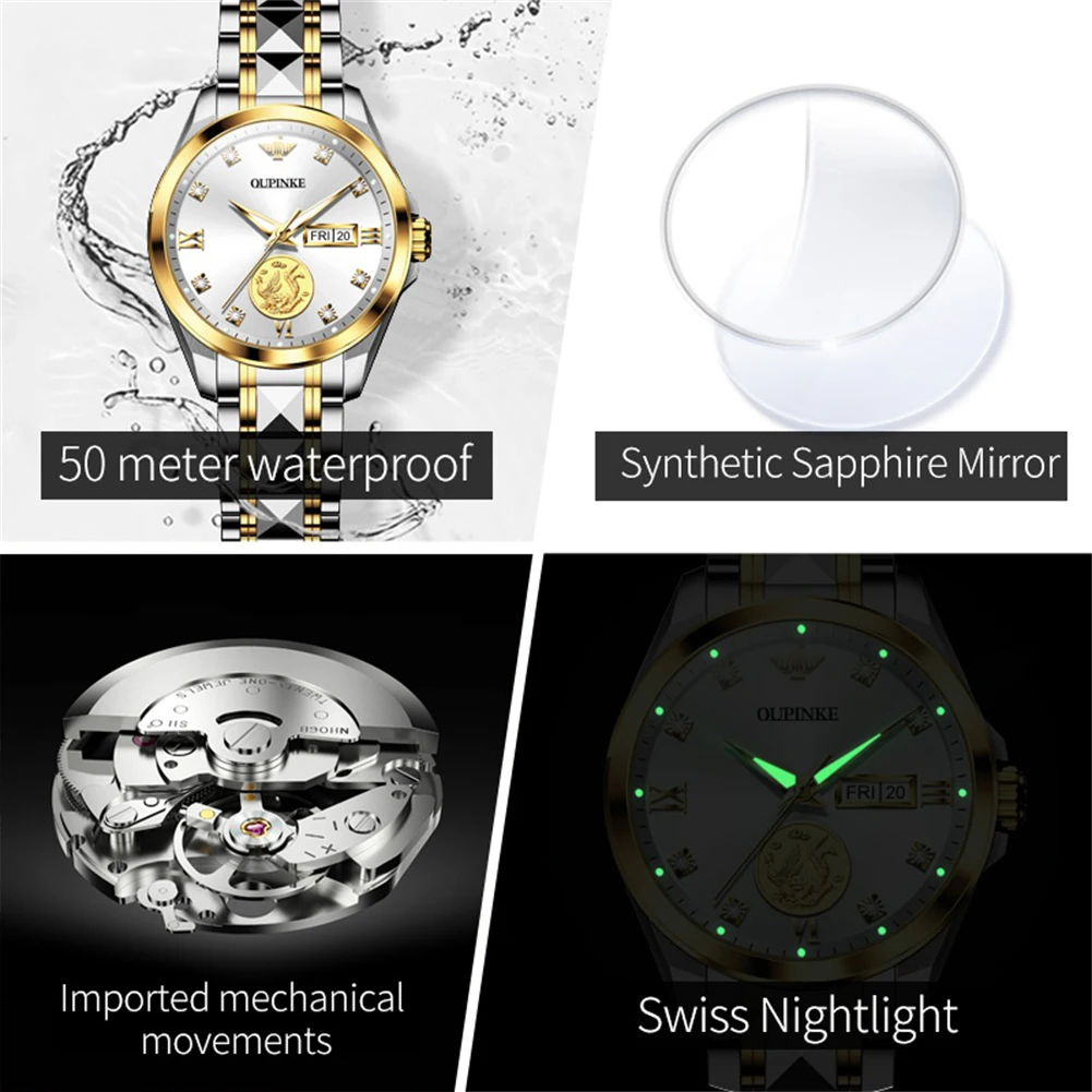 OUPINKE 3259 New Real Gold Dragon Phoenix Mechanical Watch For Men Women Dual Calendar Stainless Steel Top Brand Couple Watches