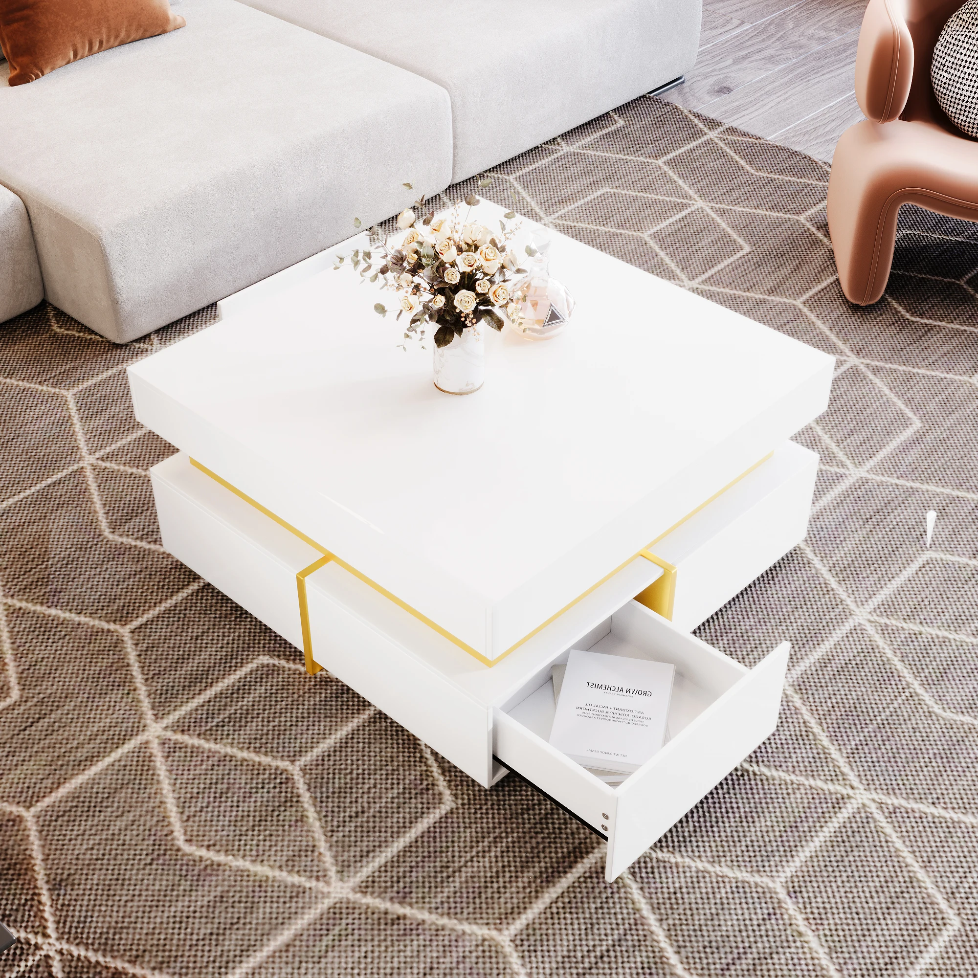 Coffee table, high-gloss living room table, side table with drawers and golden accents – Detail 8