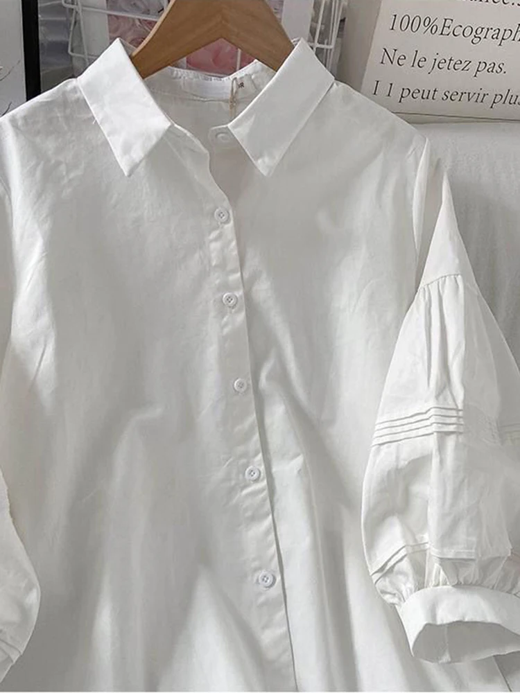 JMPRS Sweet Puff Three Quarter Sleeve Women Shirts Casual White Fall Button Up Korean Shirts Fashion Turn Down Collar Loose Tops