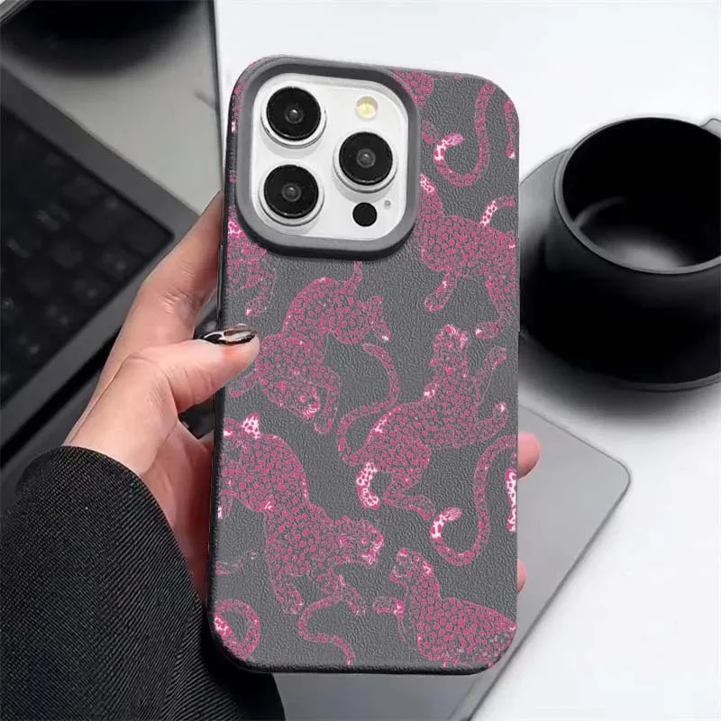 Black Pink Leopard Pattern Leather Phone Case