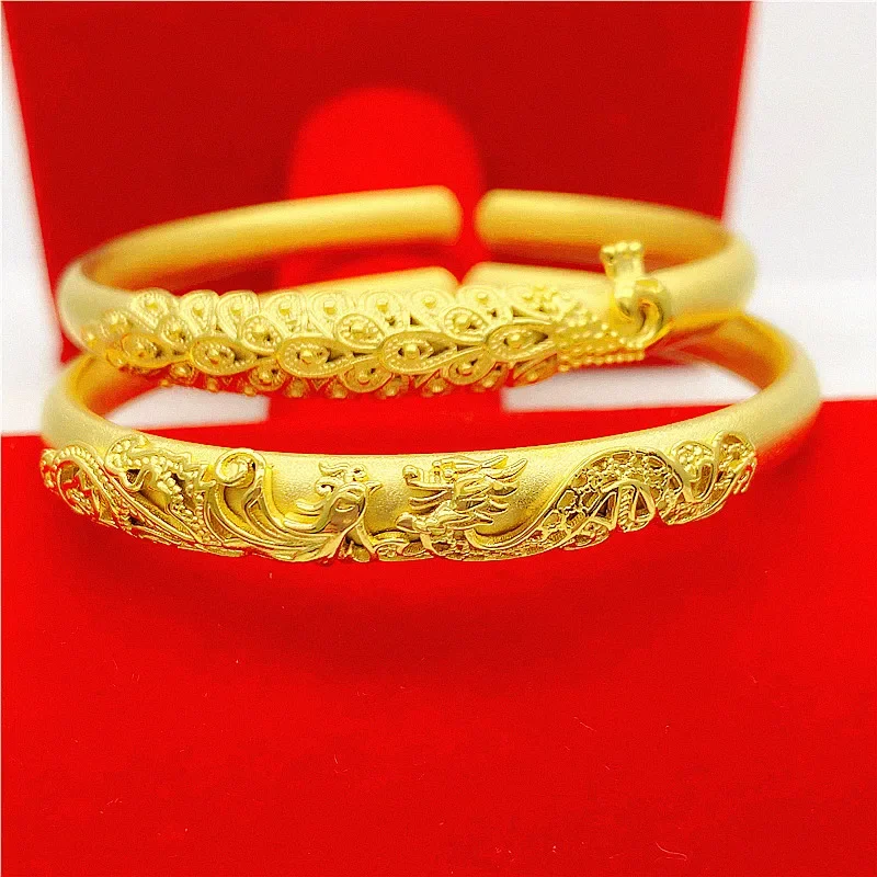 

Imitation Gold 100% 24K Real Gold 18K Ancient Bracelet Female Dragon And Phoenix Peacock Frosted Open Bracelet Solid Jewelry