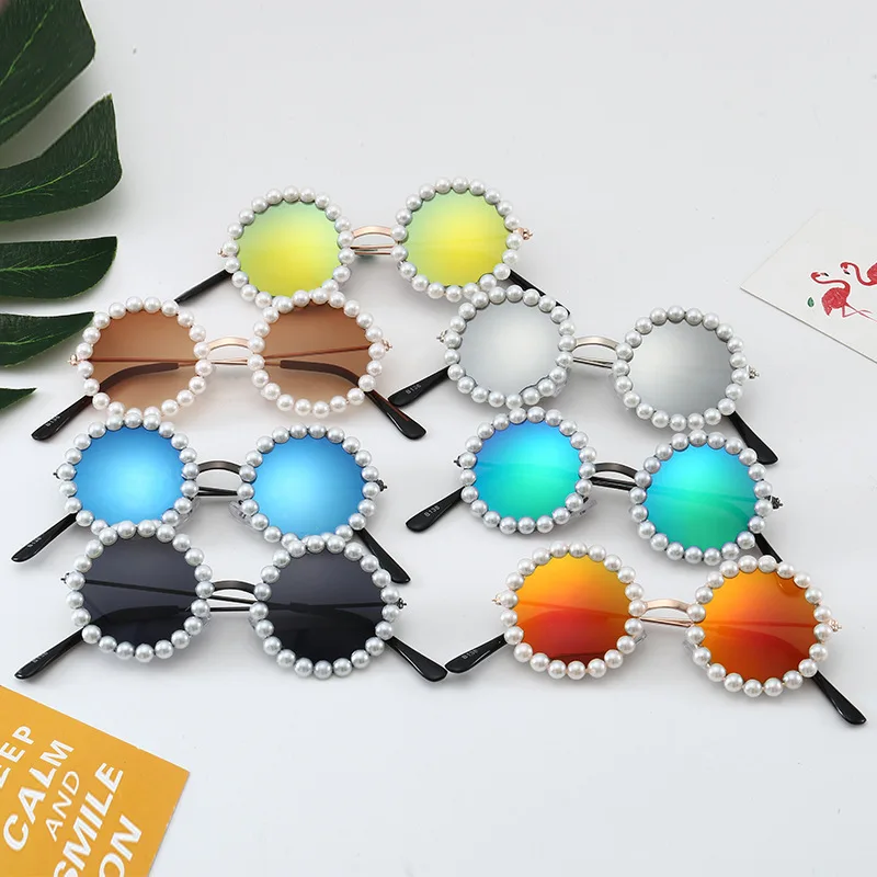 

Boys Girls Cute Cartoon Round Frame Pearl Sunglasses Children's Retro Sunglasses UV400 Eye Protection Classic Kids Sun Glasses