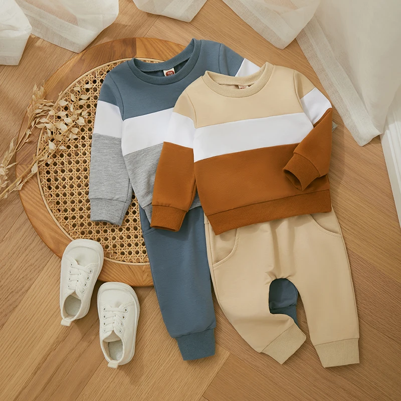Autumn and Spring Baby Long Sleeves Cute Cartoon and Striped Pattern Pullover and Plain Pants Clothing Set