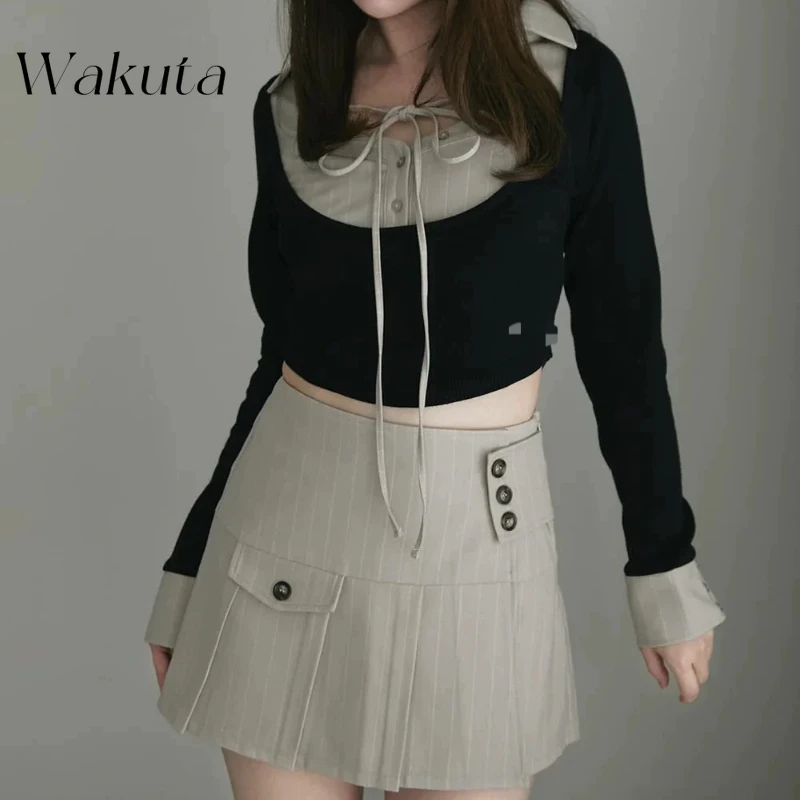 WAKUTA Japanese Sweet Lapel Tied Long Sleeve Shirt Style Top Temperament Striped Pleated Mini Skirt Irregular 2-piece Set Spring 2