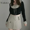 WAKUTA Japanese Sweet Lapel Tied Long Sleeve Shirt Style Top Temperament Striped Pleated Mini Skirt Irregular 2-piece Set Spring 2