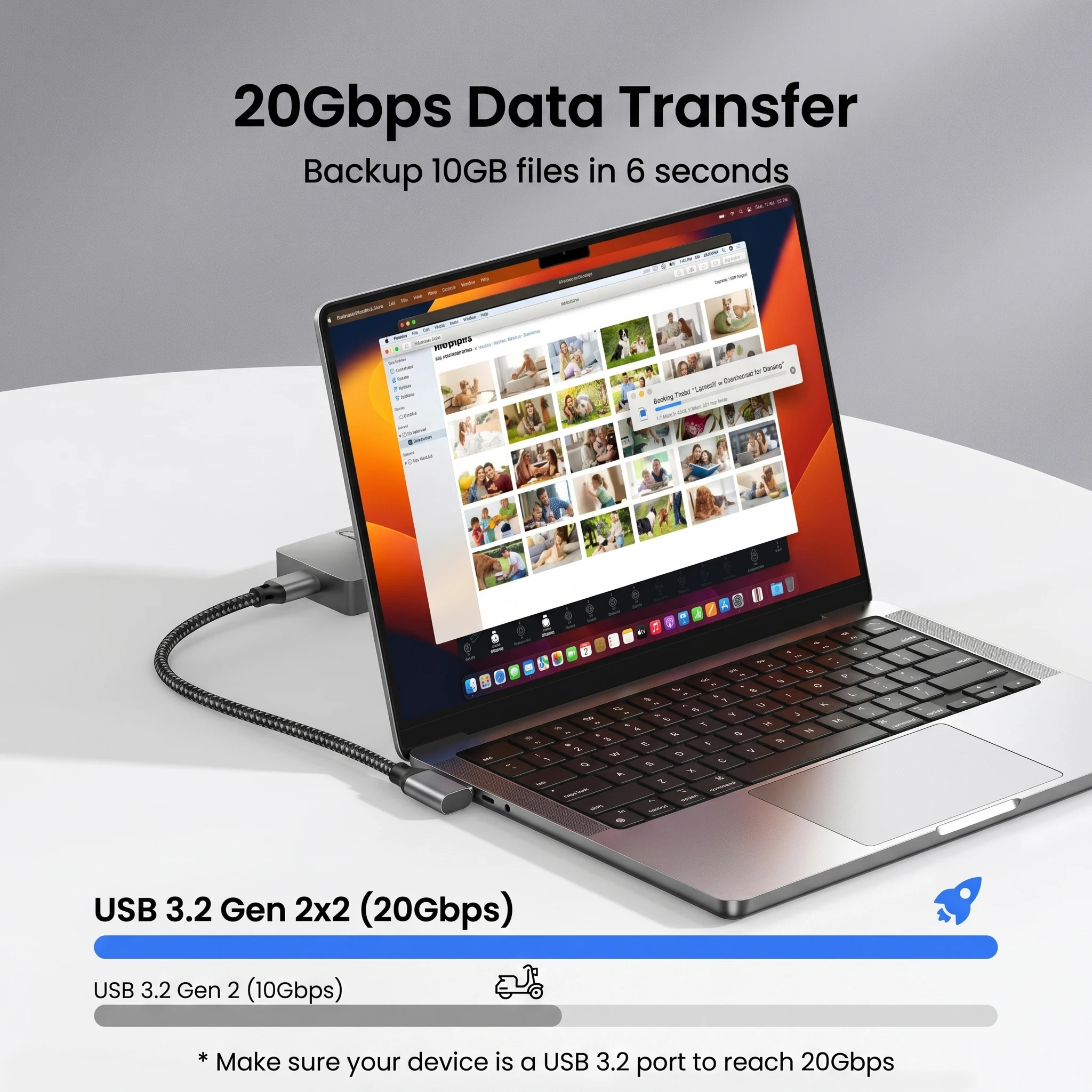 Ultra-Fast 20Gbps USB-C Cable with Right Angle Design for High-Resolution Displays and 240W Power Delivery