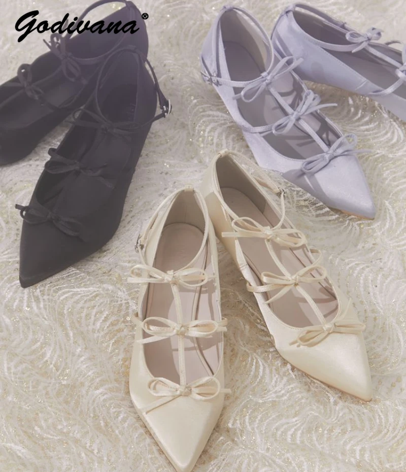 

Japanese Style Lolita Bowknot Satin High Heels for Party French Elegant Satin Bow T Shape Pointed Toe Heel Womens Low Heel Shoes