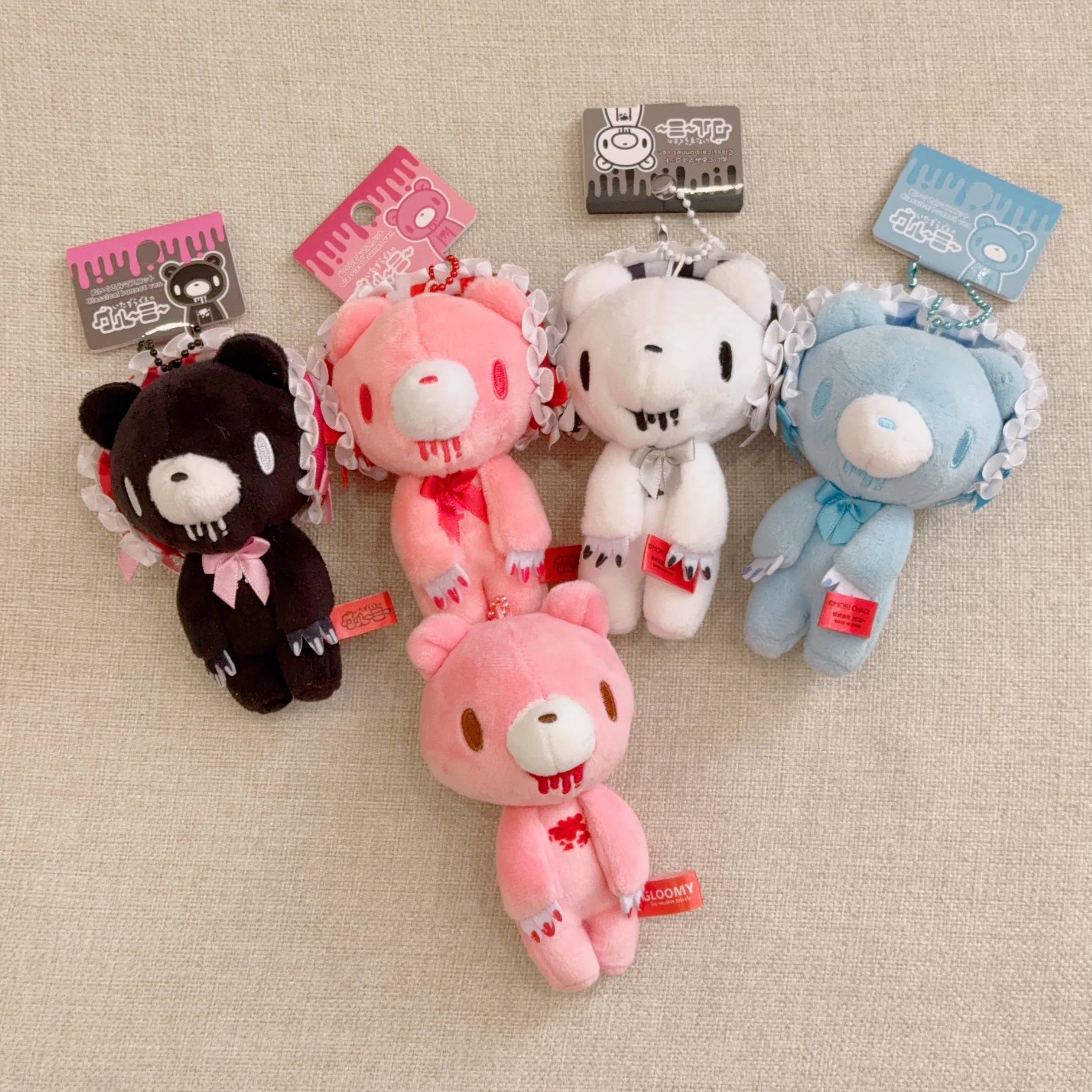 Gloomy Bear Blood Pink Lace Plush Keychain Doll – Cute & Creepy Bag Charm Collectible Gift