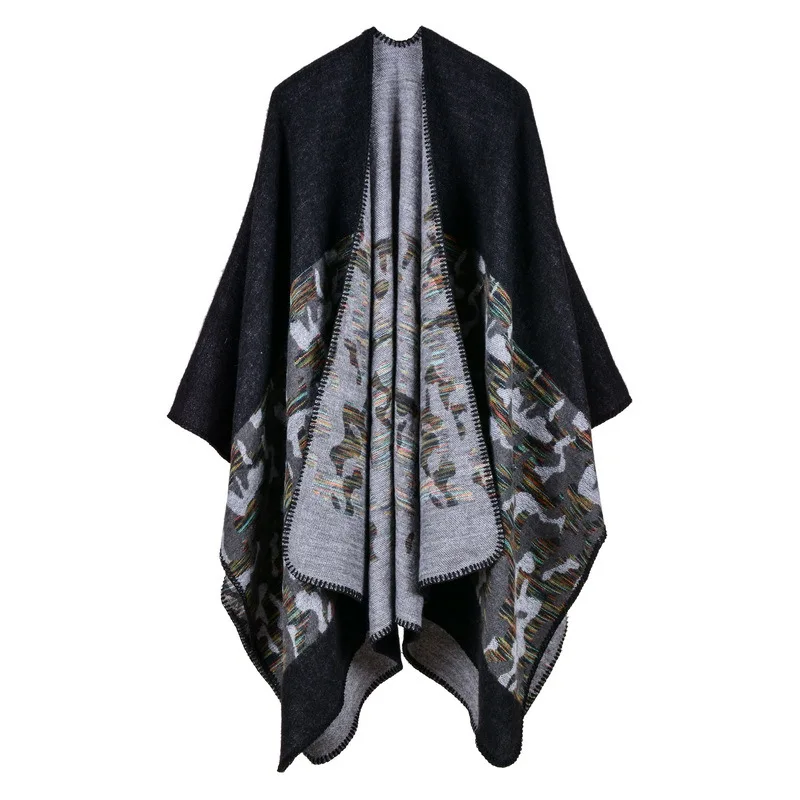

European American Women's Fashion Camouflage Imitation Cashmere Split Fork Lengthened Thickened Cape Ponchos Lady Coat Black