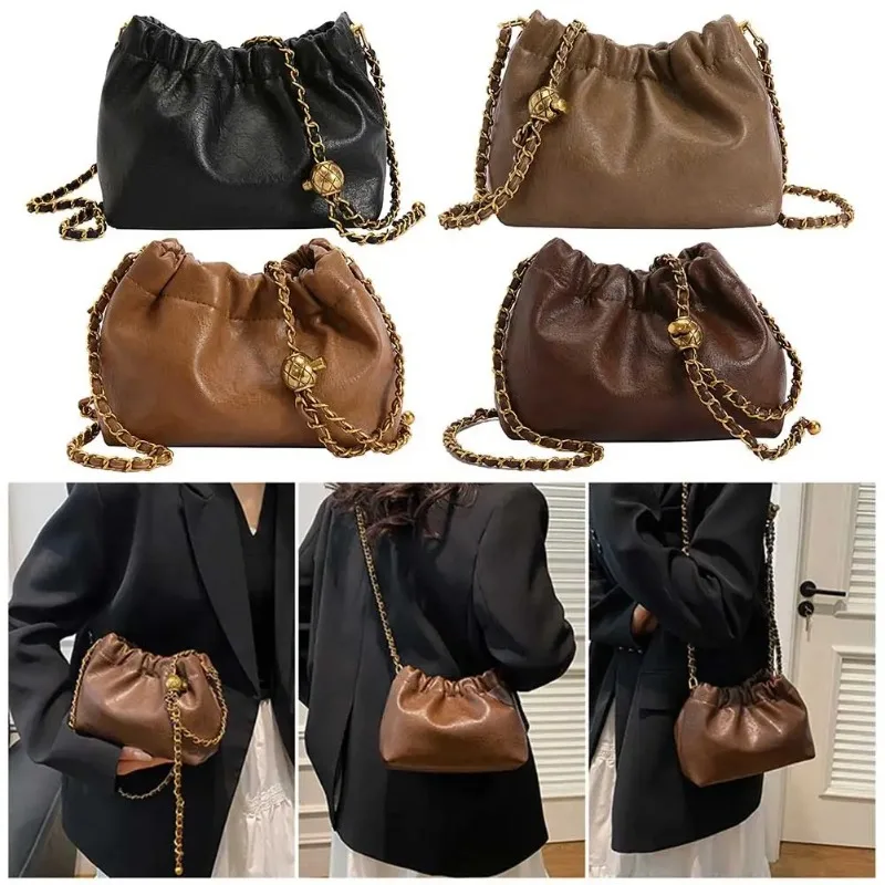 Women's Crossbody Tote Bag PU Leather Hobo Bag Fashionable Retro Bucket Bag Korean High-End Chain Crossbody Bag