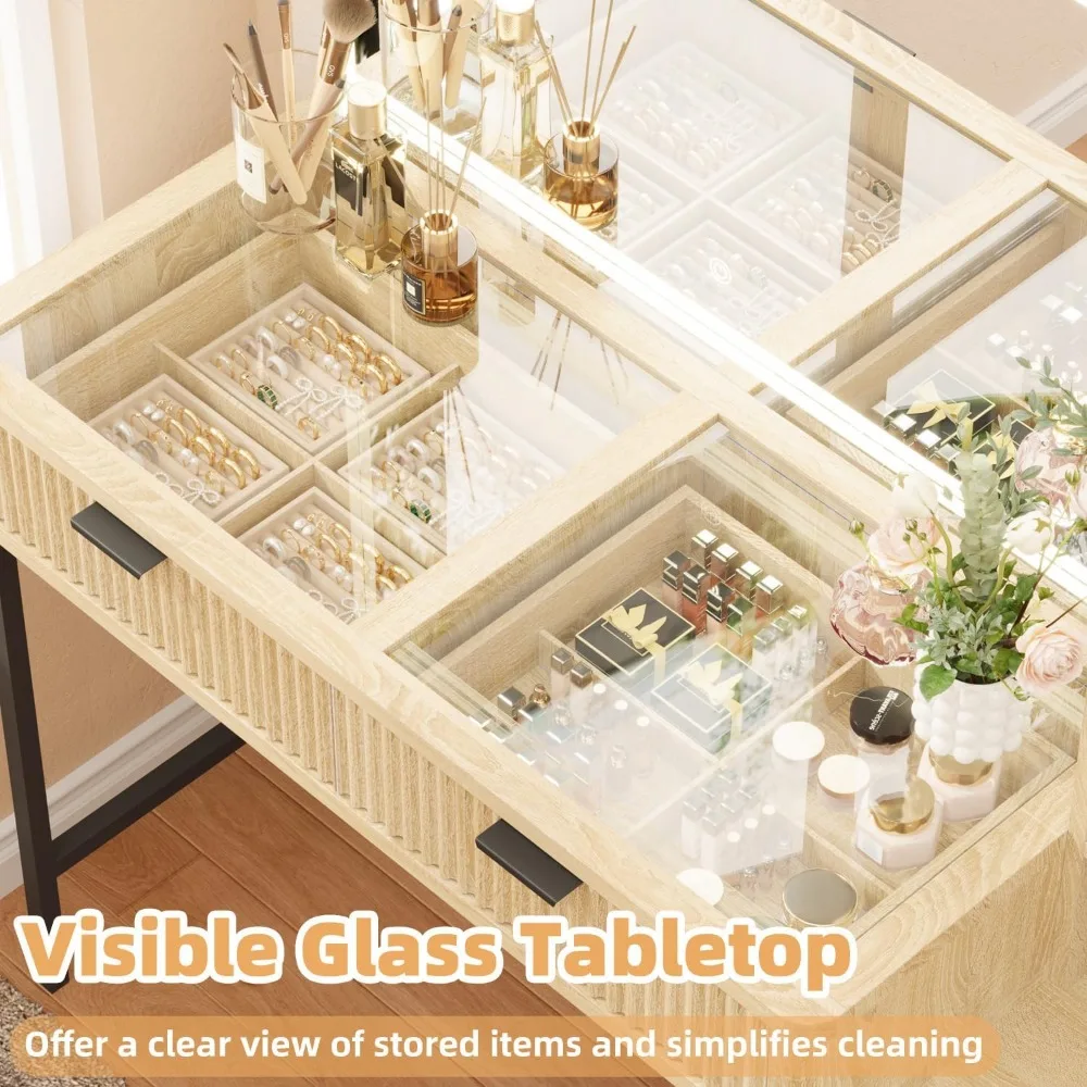 Fluted Makeup Vanity Desk with Large Mirror and Lights, Big Vanity Table with Drawers, Storage Shelves and Charging Station 4