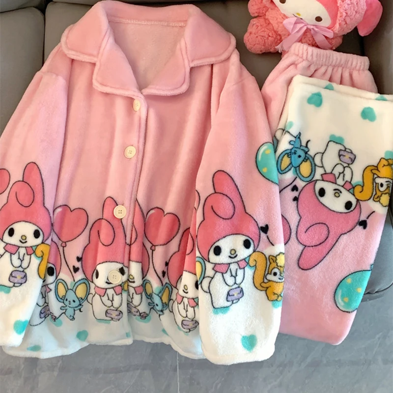 

Kawaii Sanrio Cute My Melody Pajamas Autumn Winter Thickened Warm Flannel Fallow Girls Outerwear Home Furnishings Toys Gifts