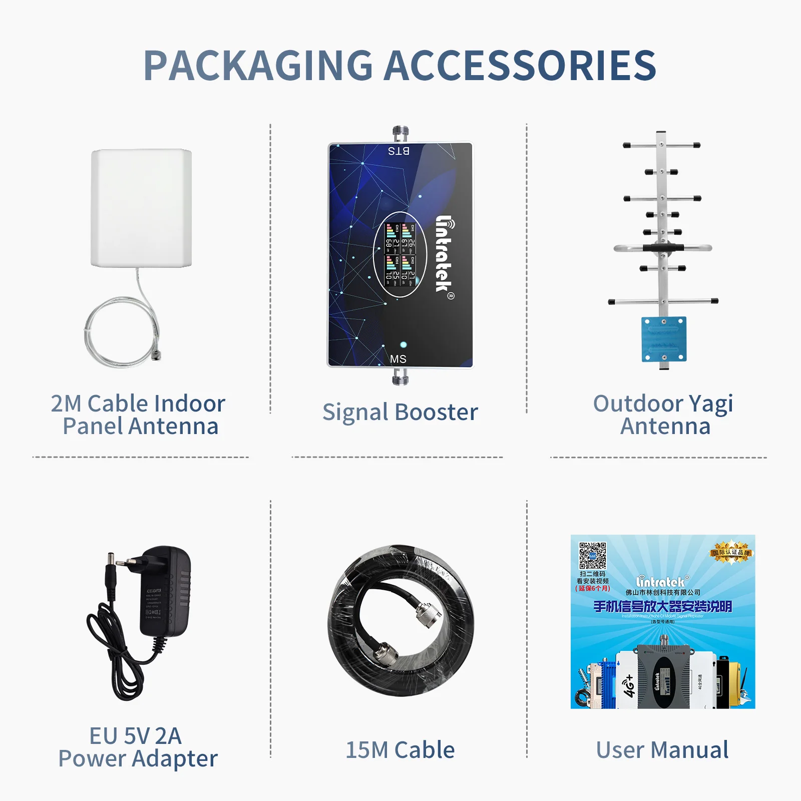 Lintratek 5G 4G 3G 2G Cellular Amplifier Four Bands Signal Repeater 900 1800 2100 2600 Internet Booster Full Kit