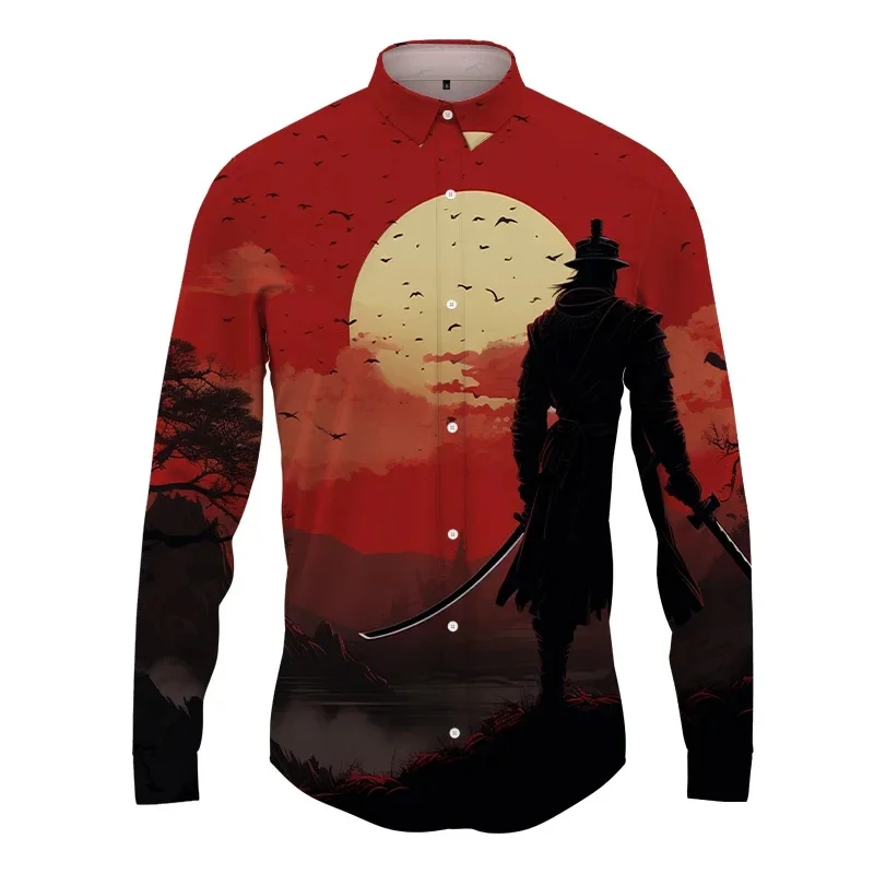 thumbnail image 1 of Camisa de solapa con estampado 3D de samurái japonés para hombre y mujer, camisas casuales de moda de manga larga, blusas con botones, ropa unisex de gran tamaño, 1 of 5