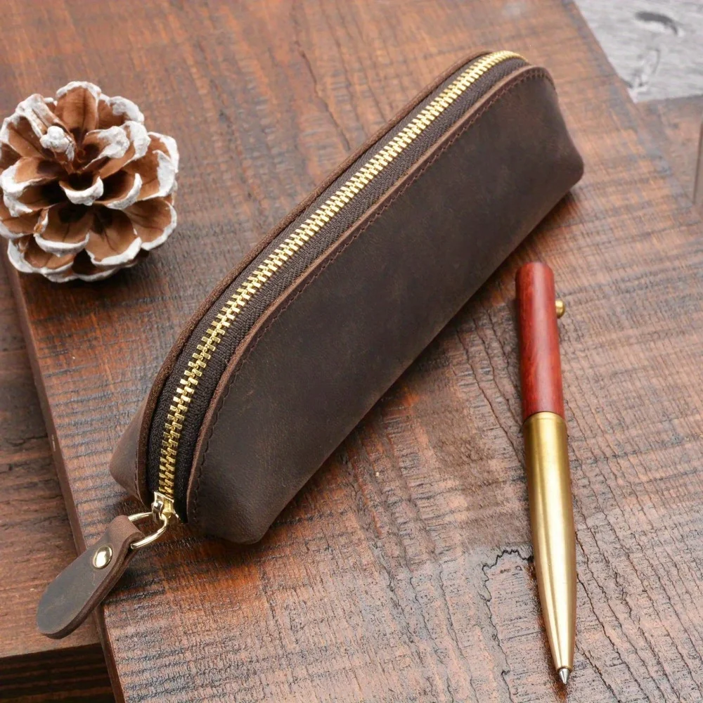 Vintage Leather Pencil Bag Simple Stationery Hoder Pen Case Storage Bag Zipper Pencil Pouch Glasses Box School Supplies 6