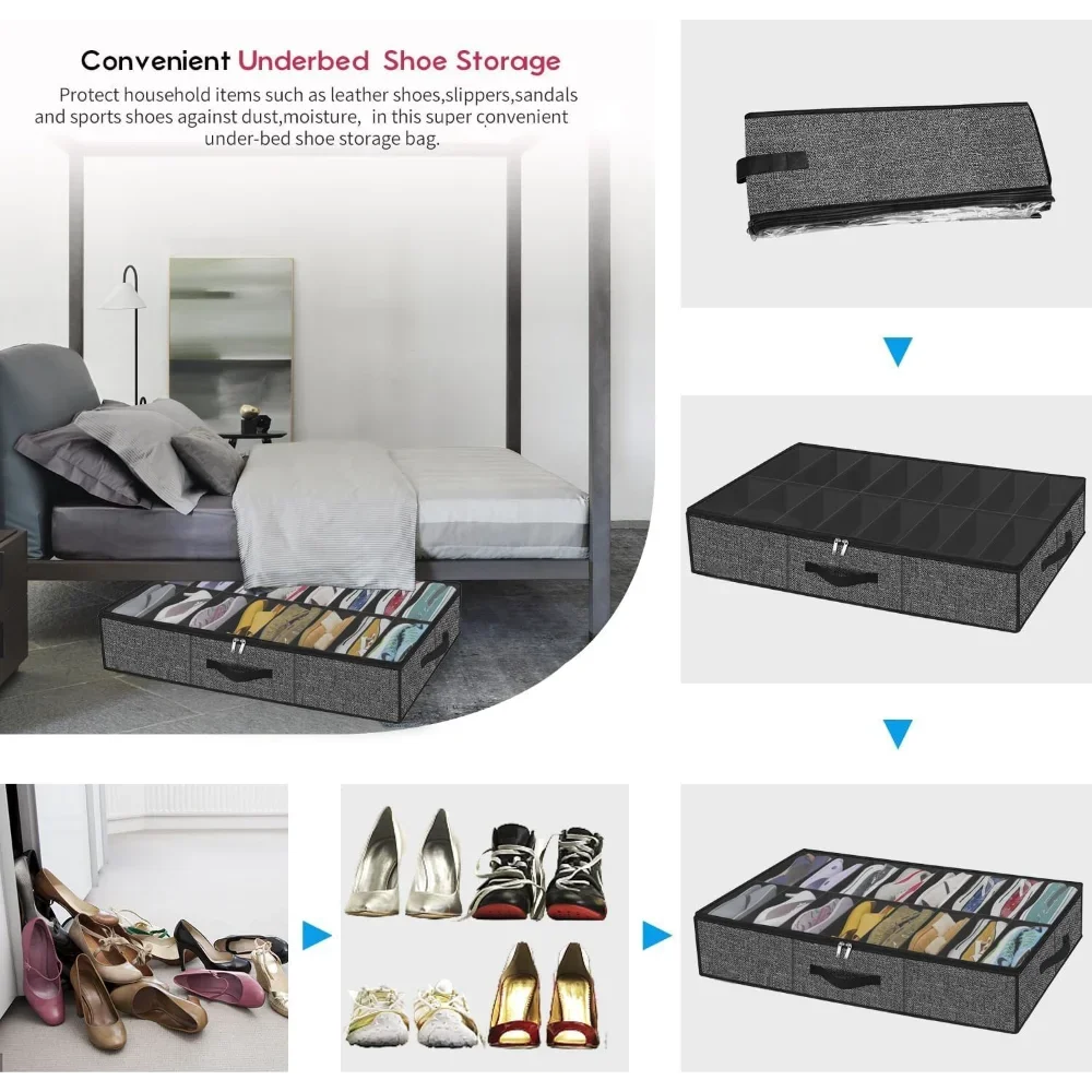 침대 밑 신발 정리함, 강화된 손잡이, 12켤레 수납 가능, 접이식 옷장/침대 밑 신발 보관 가방