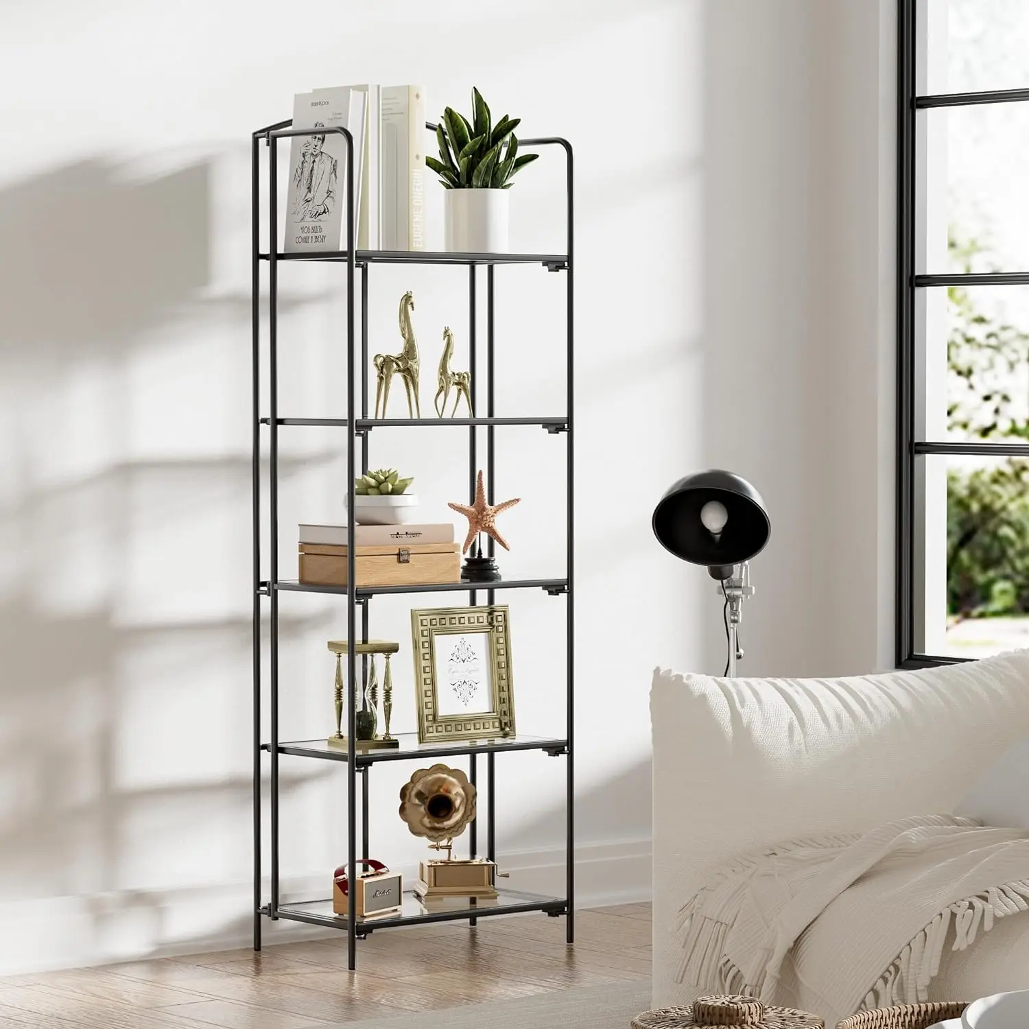 

5 Tier Black Bookshelf, Metal Book Shelf, Folding Bookcase for Office Organization and Storage, 12.87" D x 22.91" W x 68.1" H