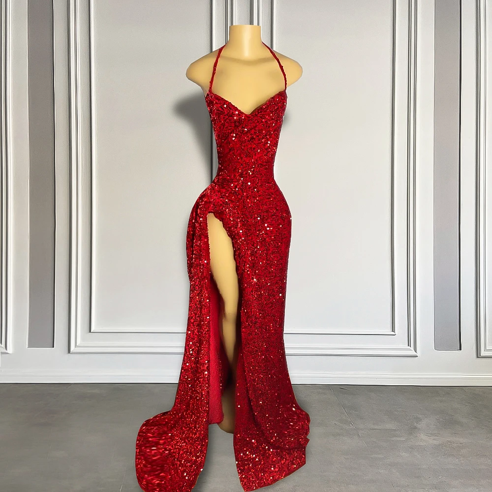 

Real Sample Sexy High Slit Halter Sleeveless Sparkly Red Sequined Black Girls Long Prom Dresses 2024