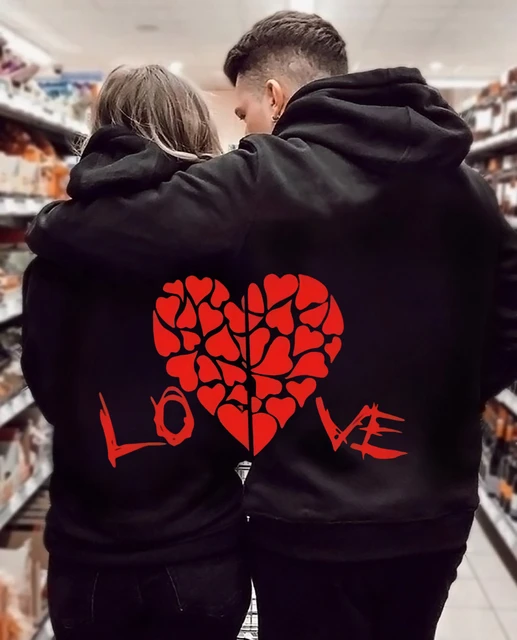Love Heart Print Couple Hoodies Set Women Men Lovers