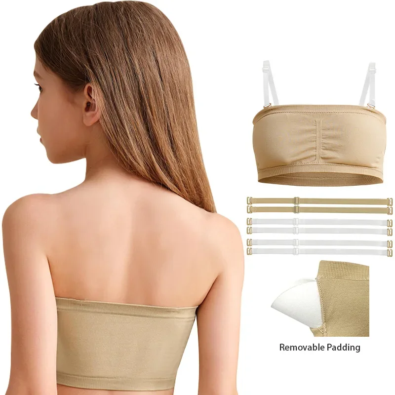 Youth Ballet Dance Bandeau Bra with Clear Straps and Chest Pads - Nude Seamless Design (2-Pack)