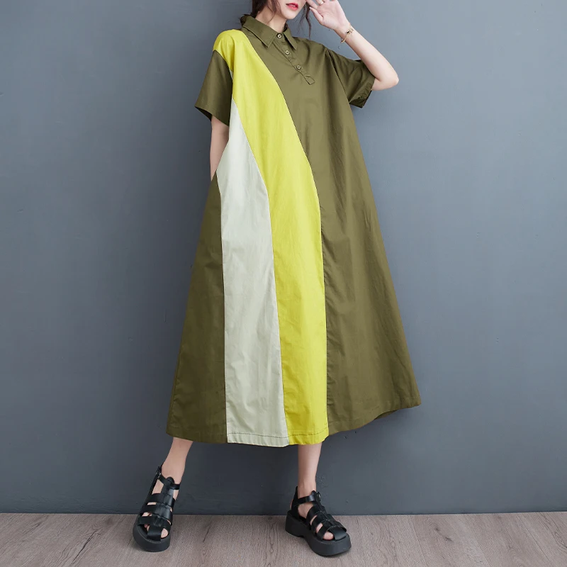 

2023 New Arrival Turn-down Collar Patchwork Chic Girl's Loose Summer Blouse Dress Office Lady Work Dress Fashion Women Dress