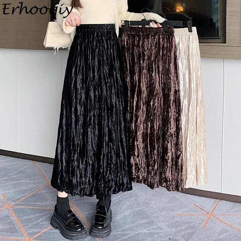 

Vintage Velvet Pleated Skirt for Women Autumn Winter Thick Skirt Korean Fashion Black Brown Beige High Waist Long A-Line Skirt