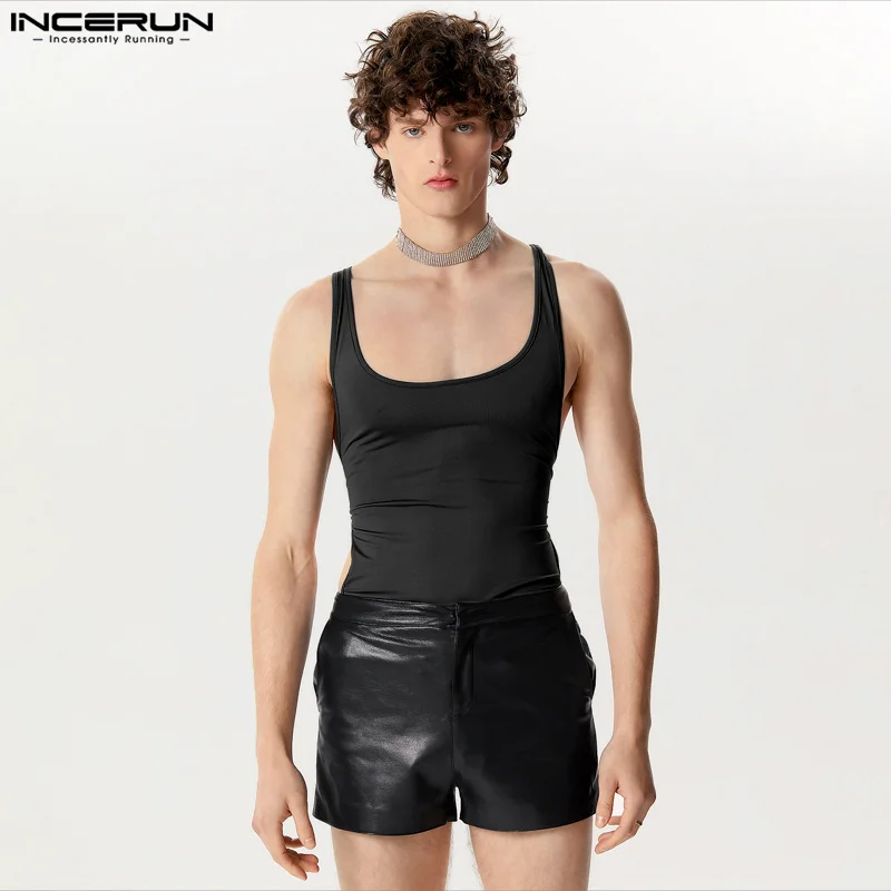 

INCERUN 2024 Sexy Men's Homewear Personality Side Hollow Design Jumpsuits Stylish Well Fitting Solid Sleeveless Bodysuits S-5XL