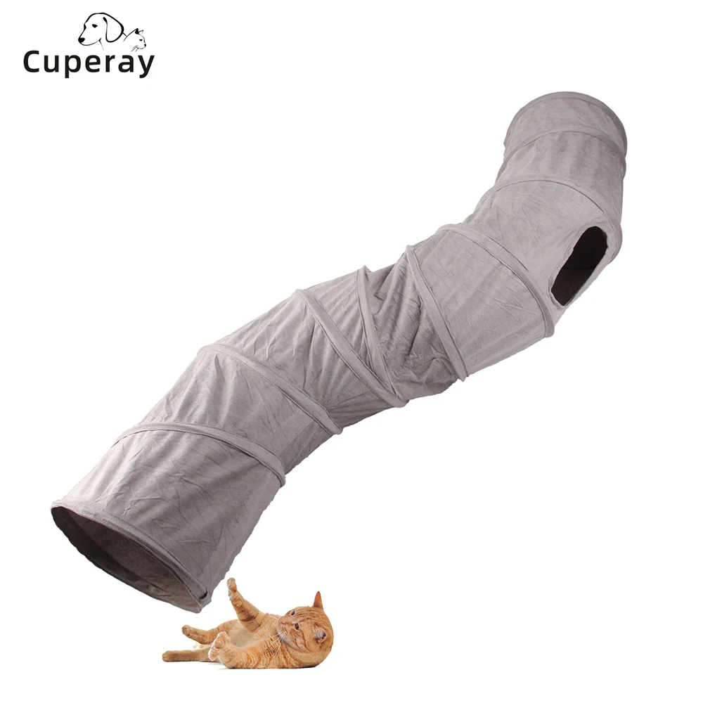 Cat Tunnel for Indoor Cats, Foldable S Shape Cat Play Cat Tunnel, Grey Suede Pet Tunnels with 3