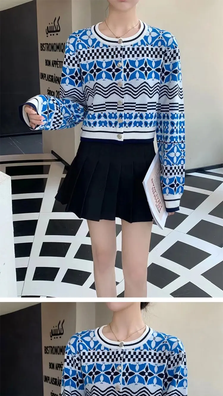 Description Picture 3 of itemJacquard Cropped Knit Cardigan Monogram Flower Tile Thick Sweater Luxury Brand Women Tops Autumn Winter Knitwear Coat Clothing