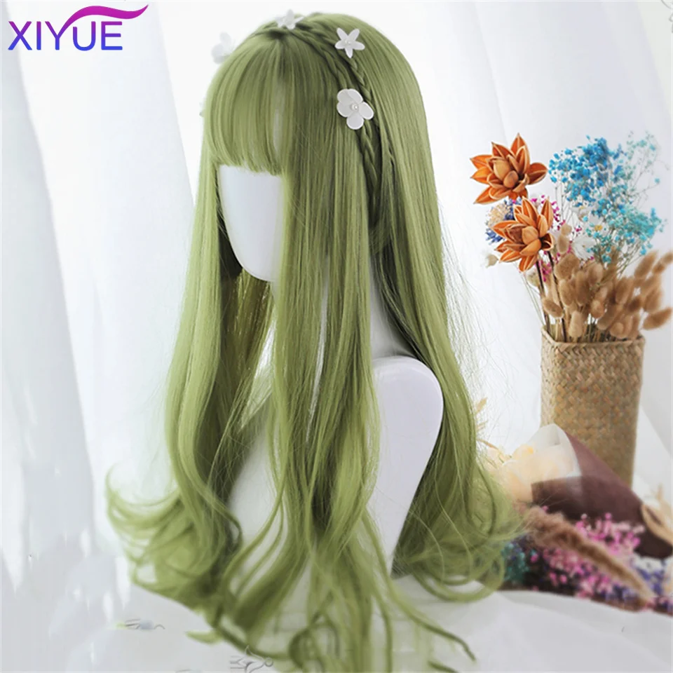 XIYUE Green Long Straight Synthetic Wigs for Women Natural Wave Wigs with Bangs Heat Resistant Cosplay Hair Halloween