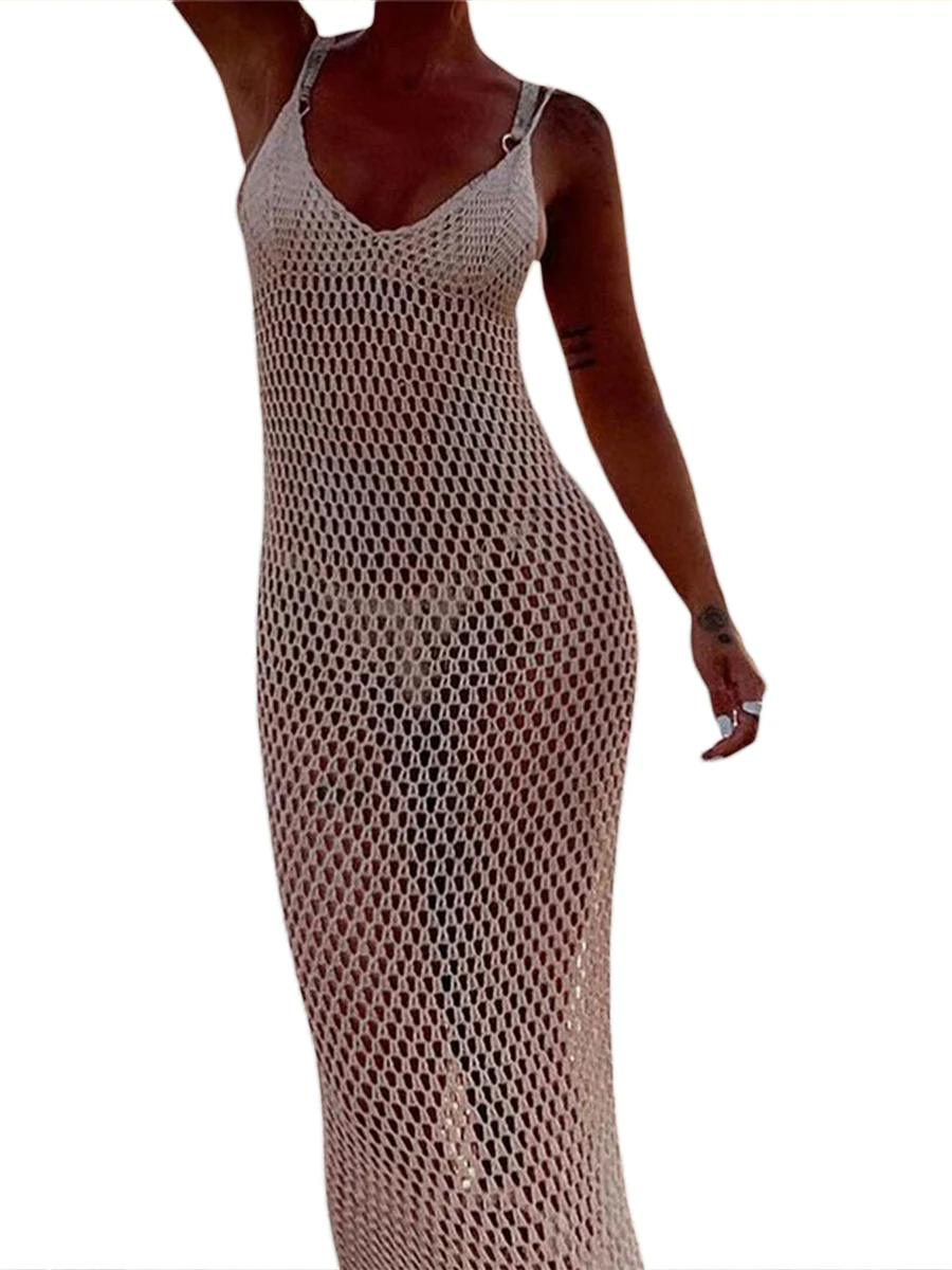 Women Knitted Beach Cover Ups Crochet Cutout Backless Beach Dress For Women Bikini Swimsuit Bathing Suit Summer Beachwear 5