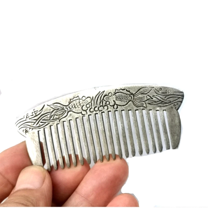 

Mark Chinese Tibet Silver Carving Auspicious Fish Beard Comb Old Gift Collection
