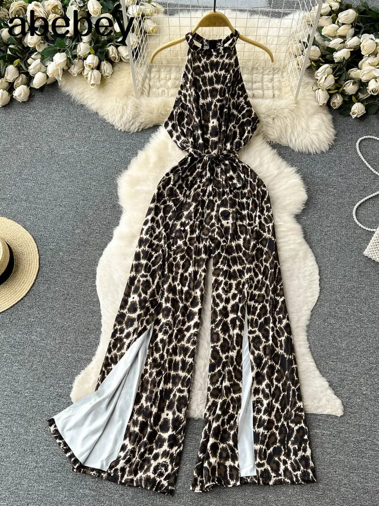 

Summer Halter Leopard Print Jumpsuits Fashion Sleeveless Wide Legs Split Long Pants 2023 Holiday Sexy Beach Rompers