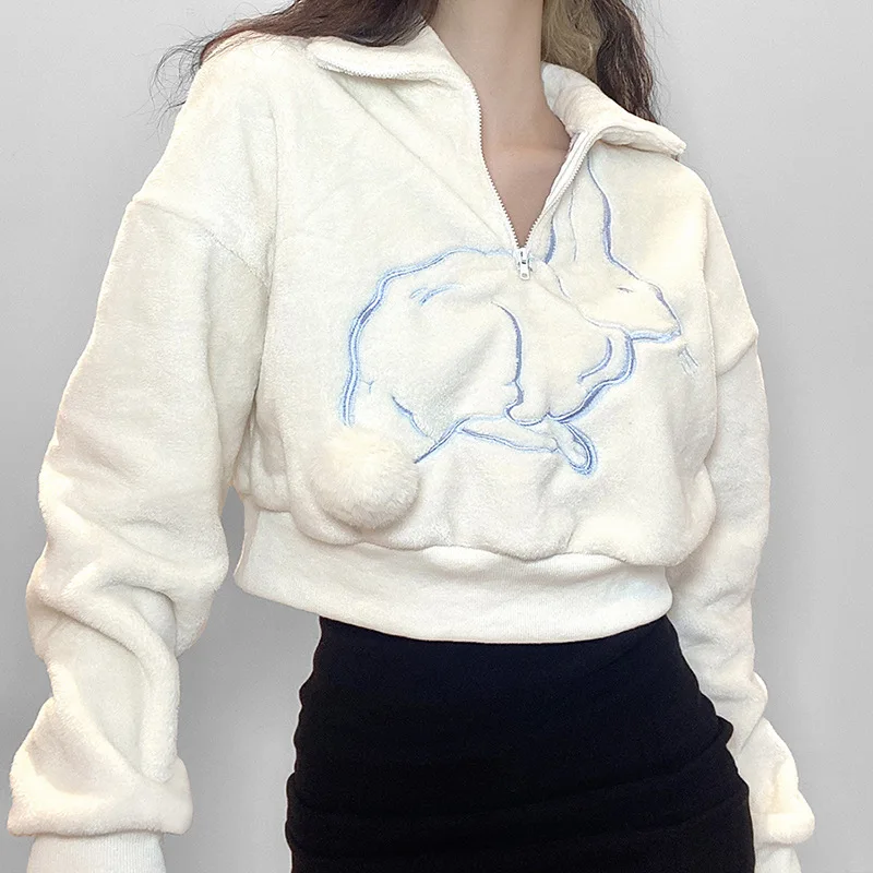 2024 New Woman Apricot Hoodie Fall and Winter New Women's Loose Rabbit Embroidery Pullovers Half Zipper Long Sleeve Sweatshirt