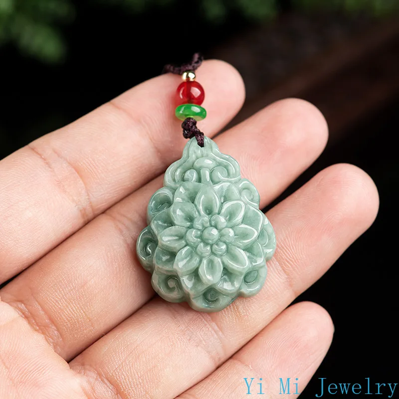 Natural A-grade Jade Rose Pendant Green Bean Seed Pendant Sweater Chain Necklace Jade Stone Jewelry Accessories