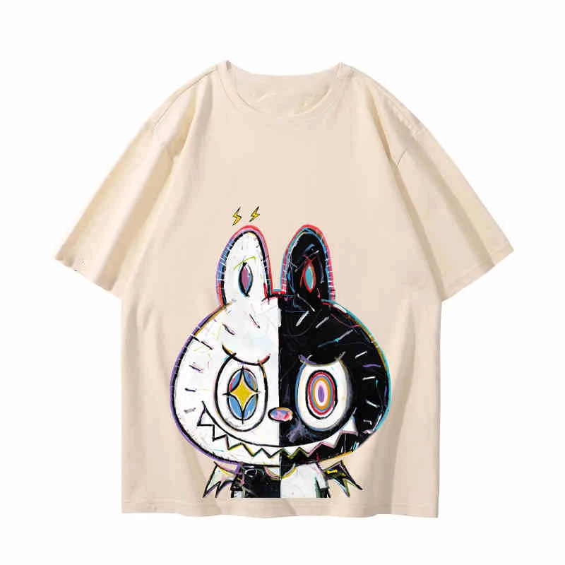 Men Casual Cute Tide Wear Tops Labubu Cartoon T-Shirts Short Sleeve Lovers Women High Quality Pure Cotton Kids Girls Clothes Tee 2