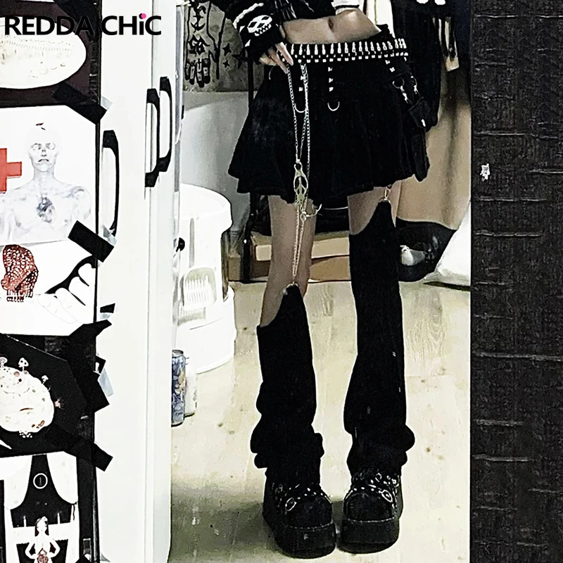 REDDACHIC 여성용 고스 블랙 데님 미니 스커트, 레그 워머 포함, 로쿠 그라유 플리츠 청바지 스커트, 다크 아카데미..