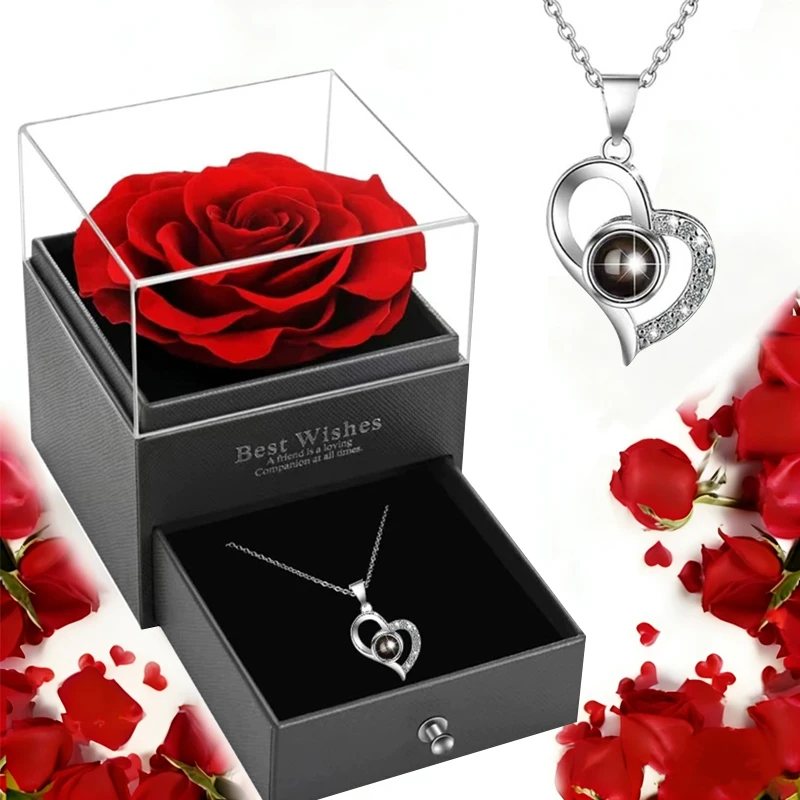 Ein Set konservierter künstlicher Rosen in einer Geschenkbox, mit dem Spruch „Ich liebe dich“ in hundert Sprachen, zum Muttertag.