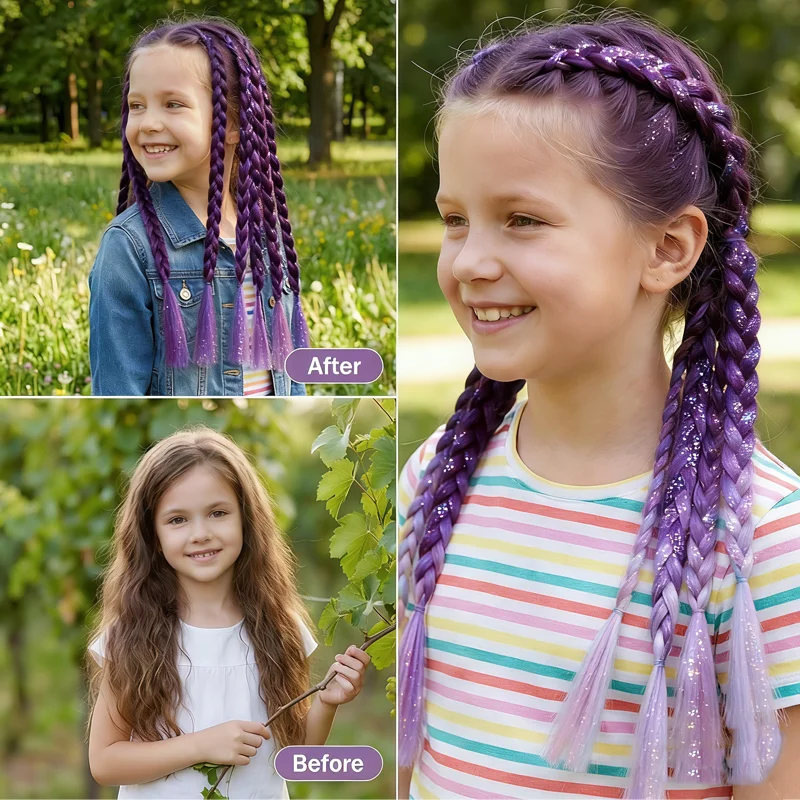 Extension per capelli colorati, extension per capelli intrecciati con elastico, accessori per capelli a coda di cavallo viola ombré per donne, bambine e ragazze - immagine 5