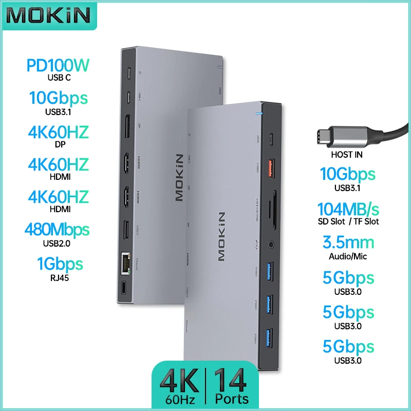 

MOKiN 14 in 1 Docking Station for MacBook Air/Pro, iPad, Thunderbolt Laptop: USB3.0, Type-C 3.1, HDMI 4K60Hz, PD 100W, SD, Audio
