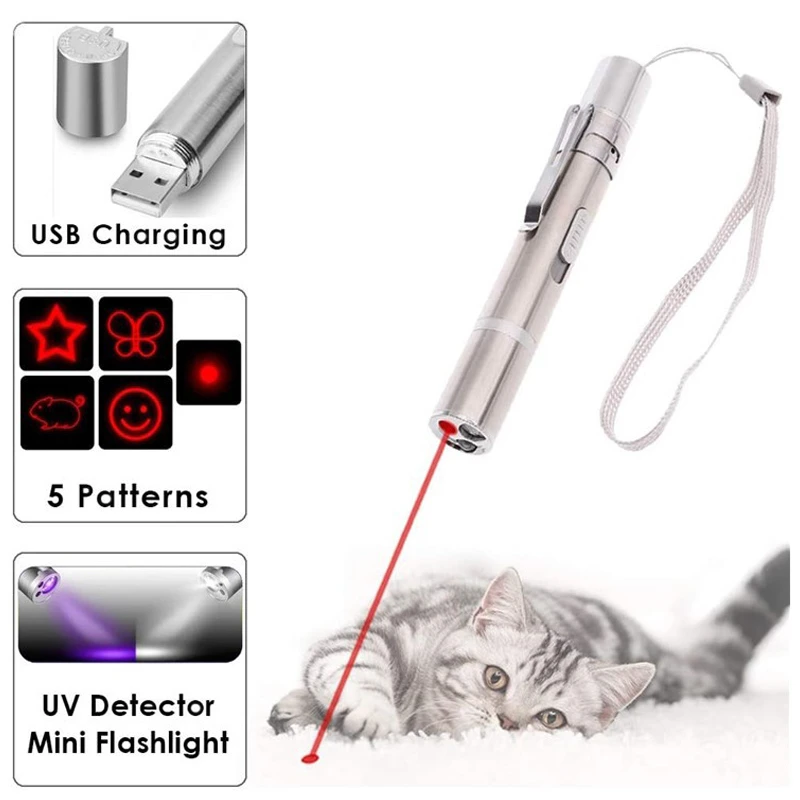 Creative Pet Cat Toy 3 in 1 USB Rechargeable Funny Cat Chasing Toy Mini Flashlight LED Pen Light Cat Light Pointer Direct Sale