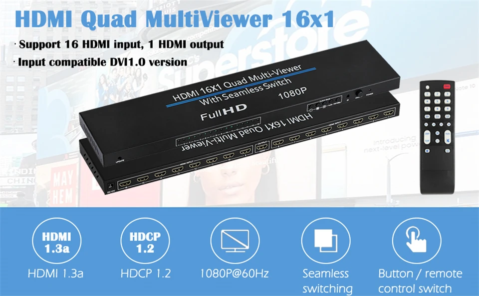 16x1 HDMI-compatible Multiviewer 16 In 1 Out 1080P Quad Screen Multi Viewer HDMI