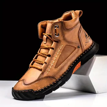 Men's Large Size Handmade Vintage Boots, Fashionable Lace-Up High-Top Casual Shoes, Spring and Autumn Outdoor Hiking and Trekking Boots