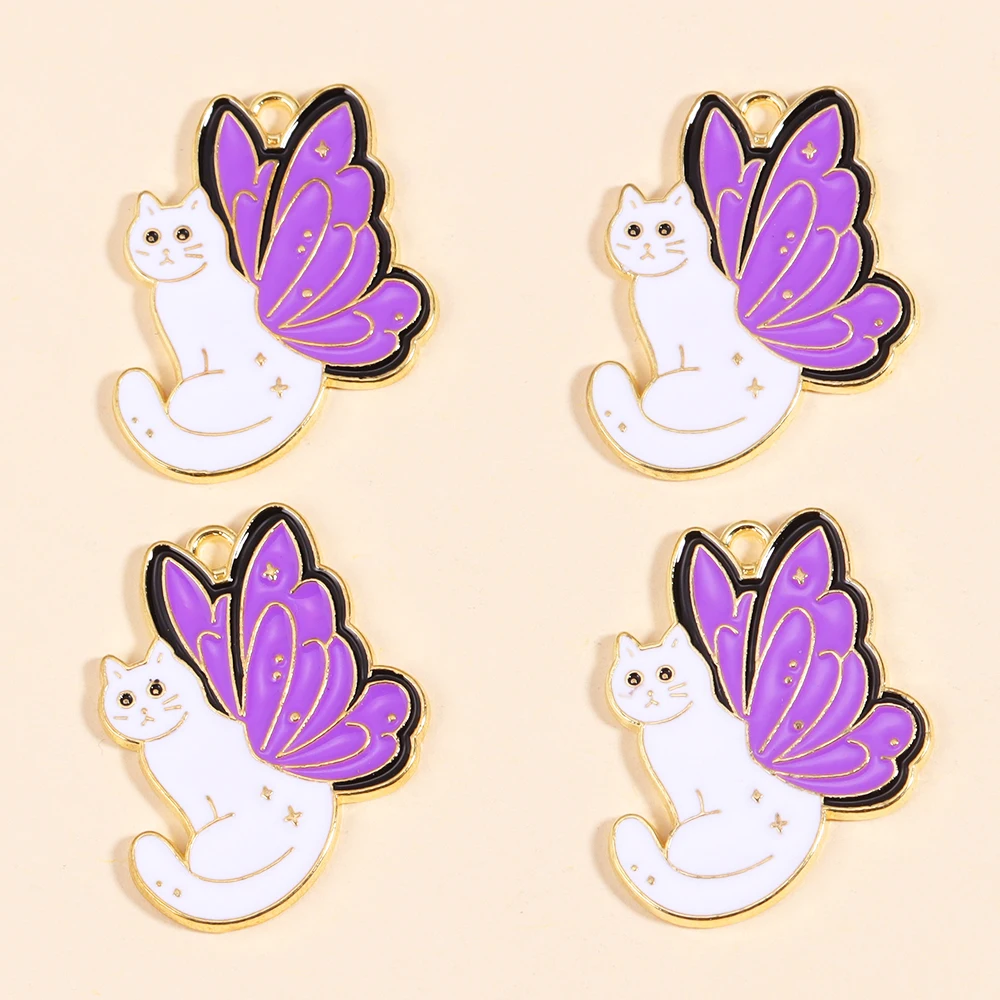 10 Stück Cartoon Emaille lila Flügel Katze Schädel Charme für Schmuck machen DIY Tier Ohrringe Anhänger Halskette Halloween Zubehör – Detail 6