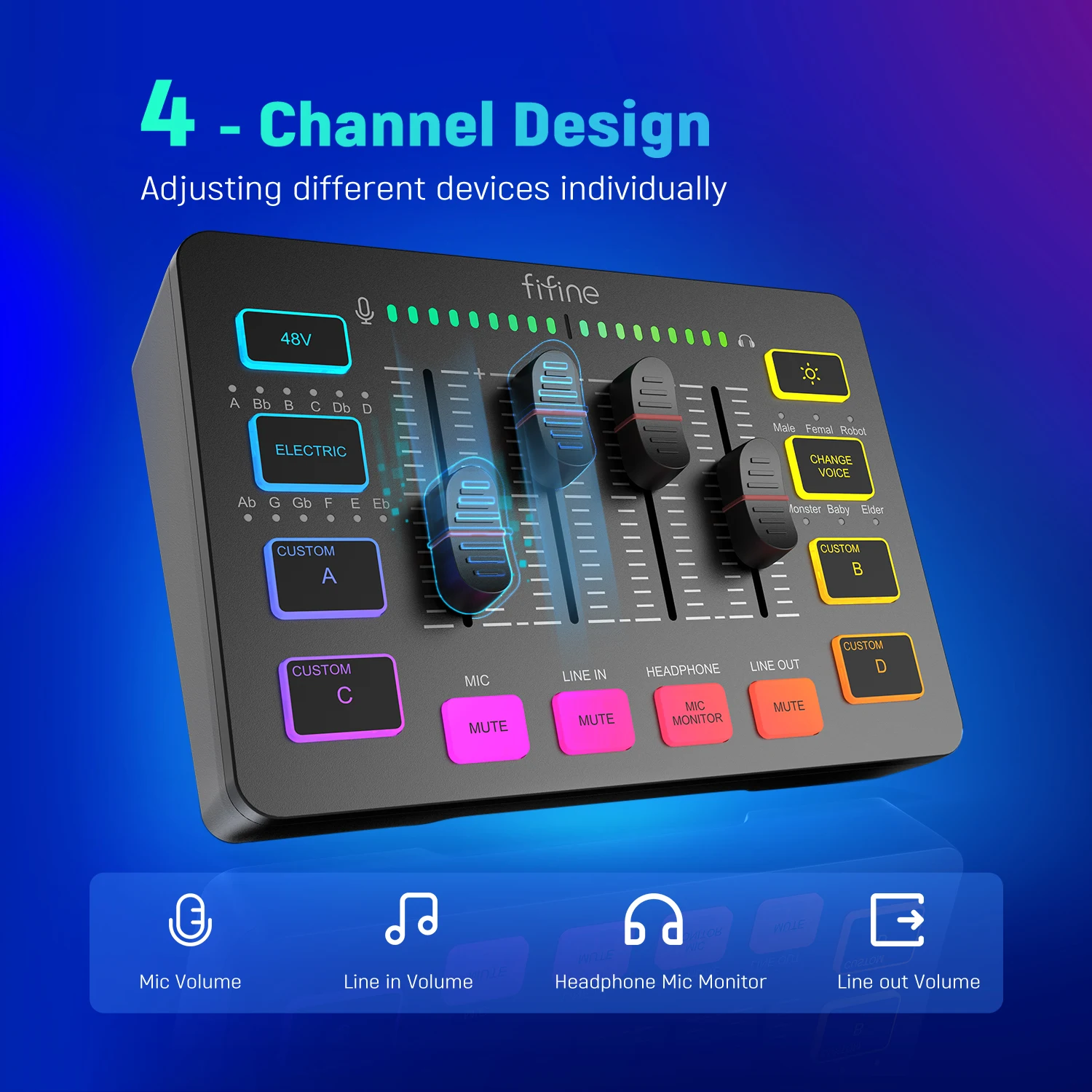 Gaming Audio Mixer with XLR Microphone Interface and RGB Lighting